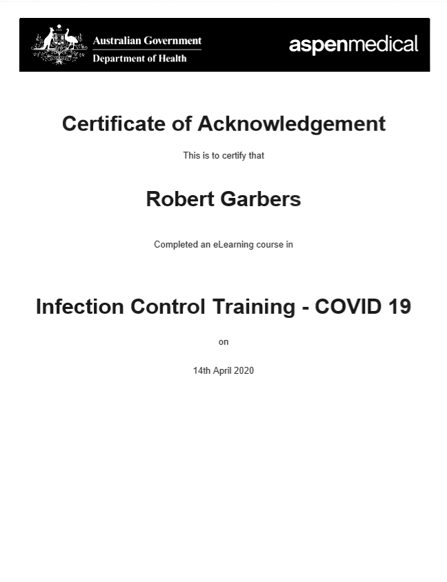 Infection Control Certificate Covid19